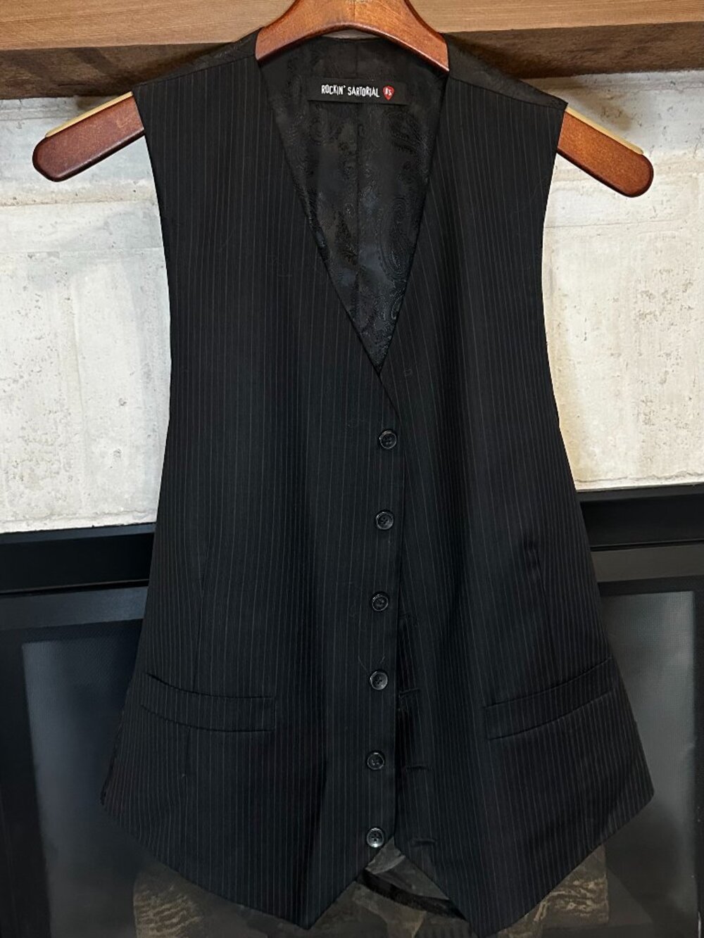Rockin' Sartorial Men's Suit Vest Black Pinstripe Paisley Back RN 120907 - Large